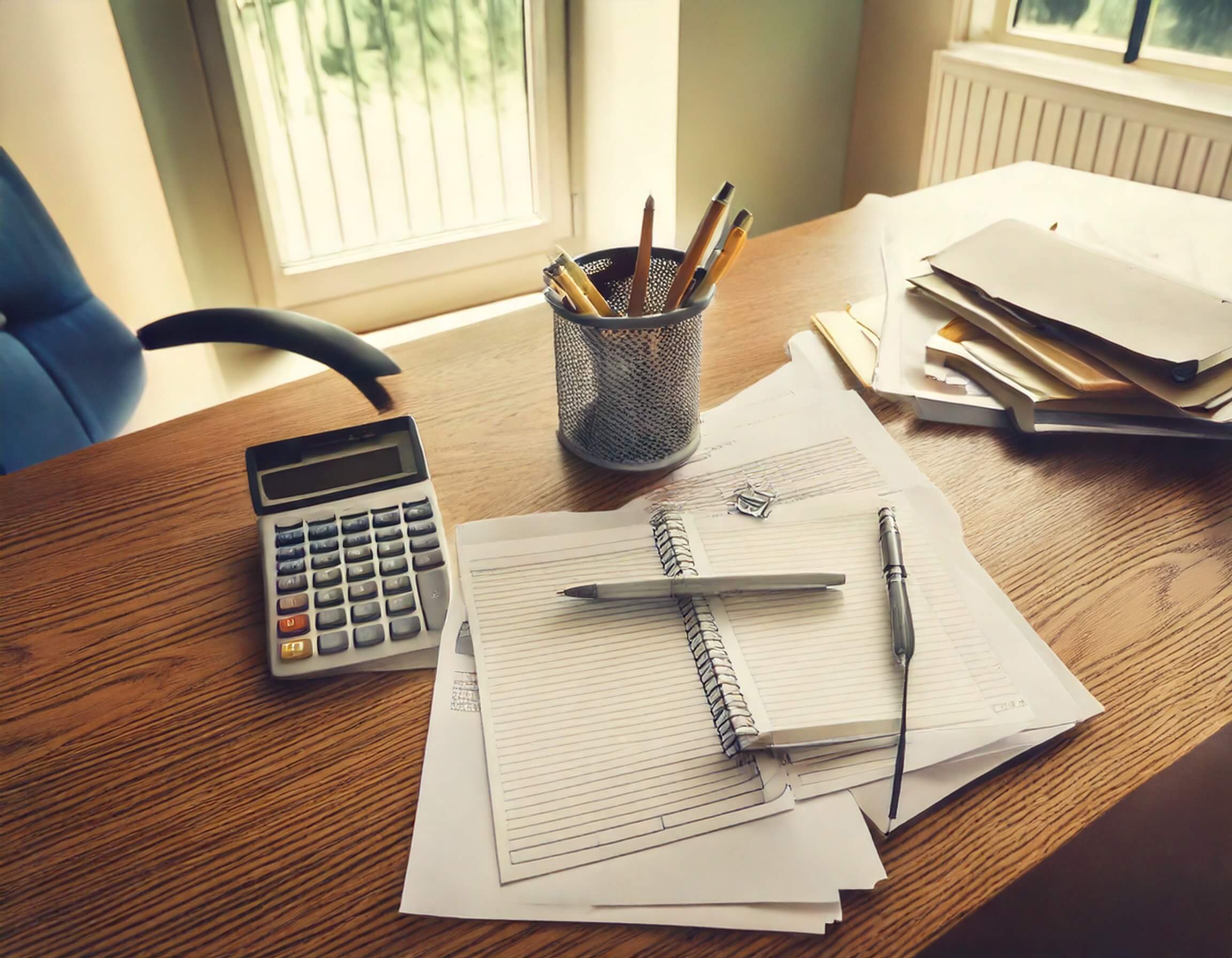 テーブルの上のノート、電卓、ペン